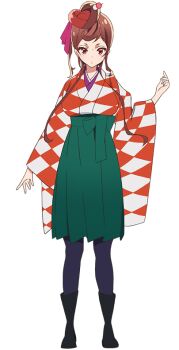 1girl anime_coloring argyle_clothes argyle_kimono black_boots boots breasts brown_hair dango_hair_ornament food-themed_hair_ornament fukagawa_kazumi full_body green_hakama hair_ornament hakama hakama_skirt hand_up heart heart-shaped_hair japanese_clothes kimono long_hair long_sidelocks long_sleeves looking_at_viewer official_art pantyhose purple_kimono purple_pantyhose red_eyes ribbon sidelocks simple_background skirt solo standing transparent_background tsurime very_long_sidelocks wide_sleeves yuugiri_(zombie_land_saga) zombie_land_saga