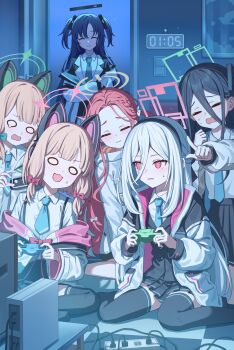 Rule 34 | 6+girls, absurdres, animal ear headphones, animal ears, aqua bow, aris (blue archive), black hair, black hairband, black jacket, black shirt, black skirt, black socks, black thighhighs, blazer, blonde hair, blue archive, blue halo, blue necktie, bow, bowtie, braid, cat ear headphones, cat ears, checkered floor, clock, closed eyes, collared shirt, commentary request, controller, dark room, digital clock, door, extension cord, fake animal ears, game console, game controller, game development department (blue archive), green halo, green jacket, hair bow, hairband, halo, happy, headphones, highres, holding, holding controller, holding game controller, indian style, indoors, jacket, jacket partially removed, kei (blue archive), kei (new body) (blue archive), kneeling, long hair, looking at another, midori (blue archive), momoi (blue archive), multicolored jacket, multiple girls, multiple hair bows, necktie, open mouth, pink bow, pink bowtie, pink eyes, pink halo, pink jacket, pleated skirt, pointing, pointing forward, power switch, rectangular halo, red hair, red halo, shirt, siblings, simoumi 217, single braid, sisters, sitting, skirt, smile, socks, sweatdrop, table, tears, thighhighs, twins, twintails, twitter username, two-tone jacket, two side up, wariza, watermark, white bow, white hair, white jacket, white shirt, yellow halo, yellow jacket, yuuka (blue archive), yuzu (blue archive), zettai ryouiki