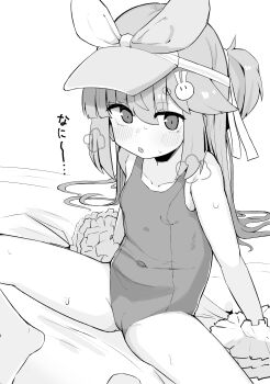 1girl absurdres amayuzuko bare_arms barefoot bemani blush bow breasts cameltoe commentary_request covered_navel fang greyscale hair_between_eyes hair_bow hair_ornament heavy_breathing highres loli long_hair looking_at_viewer monochrome narrow_hips near_(sound_voltex) one_side_up open_mouth pom_pom_(cheerleading) rabbit_hair_ornament ribbon school_swimsuit sitting small_breasts solo sound_voltex spread_legs sweat swimsuit thick_eyebrows visor_cap
