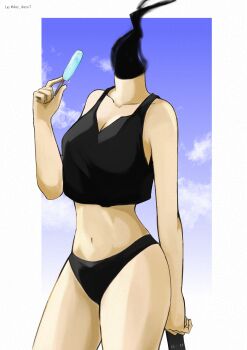 1girl absurdres bikini bikini_bottom_only black_bikini black_tank_top blue_sky border breasts cellphone celty_sturluson cleavage cowboy_shot crop_top day day7daze dullahan durarara!! food headless highres holding holding_food holding_phone holding_popsicle medium_breasts monster_girl navel phone popsicle sky smoke solo stomach swimsuit tank_top tented_shirt white_border