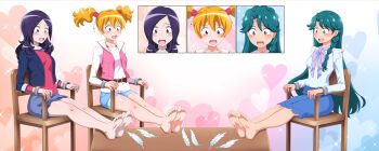 3girls aqua_hair barefoot belt black_hair blonde_hair blue_background blue_bow blue_bowtie blue_eyes blue_jacket blue_shirt blue_shorts blue_skirt blush bow bowtie braid breasts brown_belt chair coffee_table collared_vest colorful_background commentary commission crown_braid d: denim denim_shorts english_commentary feathers feet feet_on_table fresh_precure! frilled_shirt frills full_body furrowed_brow go!_princess_precure gradient_background hair_between_eyes hair_ornament hair_scrunchie heart heart_background higashi_setsuna highres imminent_tickling in-franchise_crossover jacket kaidou_minami lapels layered_sleeves long_hair long_sleeves looking_down medium_hair miniskirt mixed-language_commentary momozono_love multiple_girls on_chair open_clothes open_jacket open_mouth open_vest orange_background orcaleon outstretched_legs pale_skin parted_bangs pink_background pink_eyes pink_scrunchie pink_vest precure red_eyes red_shirt scared scrunchie shirt shirt_tucked_in shorts single_braid sitting skirt small_breasts soles sparkle sparkle_background sweatdrop table teeth toes twintails upper_teeth_only vest white_background white_feathers white_shirt