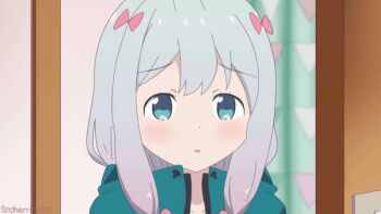 1girl aged_down animated animated_gif blue_eyes blush bow breasts cherrinako clipping closed_mouth door eromanga_sensei female_focus izumi_sagiri loli looking_at_another looking_down medium_hair navel nipples nose nude_filter open_mouth pink_bow small_breasts solo third-party_edit white_hair