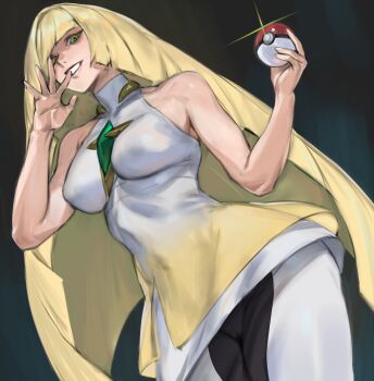 1girl bare_shoulders black_leggings blonde_hair breasts cameltoe commentary covered_navel dress gem glint green_eyes green_gem grin highres holding holding_poke_ball leggings long_hair looking_at_viewer lusamine_(pokemon) medium_breasts multicolored_leggings nintendo parted_lips poke_ball pokemon pokemon_sun_and_moon sleeveless sleeveless_dress smile solo taiyang_yu two-tone_leggings very_long_hair waving white_dress white_leggings