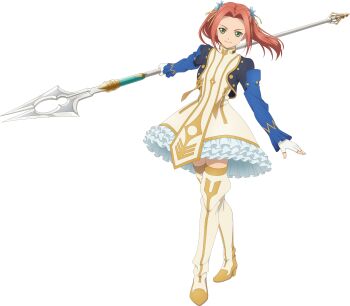 1girl artist_request closed_mouth eleanor_hume fingerless_gloves full_body game_cg gloves green_eyes hair_ornament hairpin highres holding holding_weapon looking_at_viewer official_art pink_hair smile solo tales_of_(series) tales_of_asteria tales_of_berseria third-party_source transparent_background weapon white_gloves