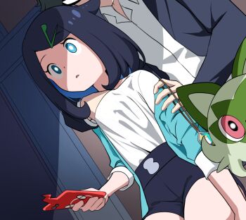 1boy 1girl black_hair black_jacket black_shorts bright_pupils collared_shirt commentary_request cowlick etlabsotwe eyelashes gen_4_pokemon green_eyes green_jacket hair_ornament hairclip hand_under_clothes hand_under_shirt hetero highres holding holding_phone jacket jewelry liko_(pokemon) long_sleeves mind_control molestation necklace nintendo open_clothes open_jacket parted_lips phone pokemon pokemon_(anime) pokemon_(creature) pokemon_horizons rotom rotom_phone shirt shorts spinel_(pokemon) sprigatito three-quarter_sleeves white_pupils white_shirt