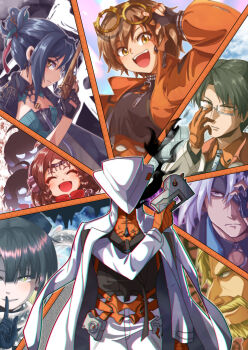 1other 2boys 6+girls ^_^ adjusting_eyewear anime_coloring baseball_uniform black_gloves black_hair brown_hair cat_girl closed_eyes coat coat_on_shoulders commentary_request damepia_(pianohuey38) eyewear_on_head fingerless_gloves glasses gloves group_leader_(xinyue_tongxing) gun hair_over_one_eye hand_on_eyewear hand_up hat heitao_(xinyue_tongxing) highres holding holding_gun holding_weapon index_finger_raised jacket jie_(xinyue_tongxing) longjing_(xinyue_tongxing) multiple_boys multiple_girls old old_man orange_gloves orange_jacket pants qianqiu_(xinyue_tongxing) qiji_(xinyue_tongxing) short_hair silhouette smoke sportswear tesla_(xinyue_tongxing) weapon white_coat white_hair white_hat white_pants xinyue_tongxing yinxi_(xinyue_tongxing)