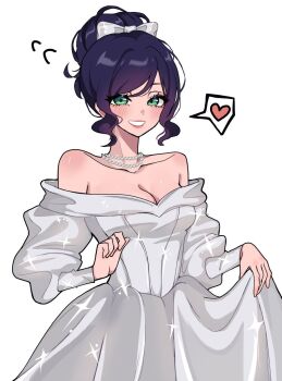 1girl alternate_costume bare_shoulders bead_choker beads blue_hair bow breasts chainsaw_man cleavage commentary cowboy_shot dress english_commentary green_eyes grin hair_bow heart highres long_sleeves looking_at_viewer miovartz off-shoulder_dress off_shoulder reze_(chainsaw_man) short_hair smile solo spoken_heart standing white_bow white_dress