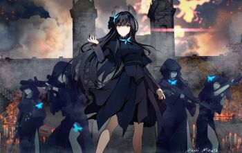 Rule 34 | 5girls, absurdres, aiming, artist name, assault rifle, black capelet, black dress, black gloves, black hair, blue butterfly, brown eyes, bug, building, butterfly, butterfly hair ornament, candle, capelet, closed mouth, commentary request, commission, dress, faceless, faceless female, fingerless gloves, fire, girls' frontline, gloves, gun, hair ornament, highres, hooded dress, insect, long hair, looking at viewer, lunasia (girls' frontline), m4 carbine, mineta naoki, multiple girls, pixiv commission, rifle, scope, smoke, suppressor, weapon