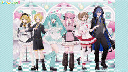2boys 4girls ;d ahoge apron aqua_eyes aqua_hair artist_name balloon bebe_(bebe_pp) black_dress black_jacket black_leg_warmers black_pants black_shoes black_shorts blonde_hair blue_eyes blue_hair blue_necktie blush bow breasts brown_eyes brown_hair closed_mouth commentary_request copyright_notice dress four-finger_heart_hands frilled_thighhighs frills full_body gloves green_bow green_dress green_leg_warmers grey_vest grin hair_between_eyes hair_bow hatsune_miku heart heart_balloon heart_hands highres holding holding_menu holding_stuffed_toy hood hood_up hooded_jacket jacket kagamine_len kagamine_rin kaito_(vocaloid) leg_up leg_warmers logo long_hair looking_at_viewer maid_headdress medium_hair megurine_luka meiko_(vocaloid) menu multiple_boys multiple_girls necktie official_art one_eye_closed open_mouth pants pink_dress plant potted_plant puffy_short_sleeves puffy_sleeves second-party_source shelf shirt shoes short_sleeves shorts smile spring_onion stuffed_animal stuffed_toy suit_jacket teddy_bear teeth thighhighs tile_floor tiles twintails vest vocaloid white_apron white_bow white_gloves white_shirt white_thighhighs yellow_necktie