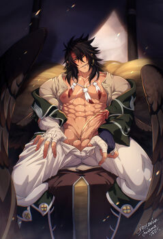 1boy abs artist_name bara bird_boy bird_wings black_hair coat commentary crescentia_fortuna dated earrings english_commentary erection feather_necklace feathered_wings fire_emblem fire_emblem:_path_of_radiance fire_emblem:_radiant_dawn green_coat hay headband highres jewelry male_focus muscular muscular_male navel necklace nintendo nipples open_clothes open_shirt pants pectorals penis pointy_ears red_headband scar scar_on_chest scar_on_face sitting smile testicles tibarn_(fire_emblem) white_pants wings