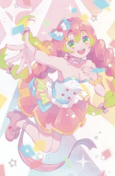 1girl alternate_costume ankle_ribbon bare_arms bare_shoulders blue_bow blue_hairband bow bow_choker bowtie braid breasts buttons choker circle cleavage collarbone colorful_background commentary confetti english_commentary eyelashes floating_hair frilled_sleeves frills full_body gradient_hair green_eyes green_hair hair_between_eyes hair_bow hair_ornament hairband hand_on_own_chest heart heart-shaped_pupils heart_button heart_choker heart_hair_ornament highres idol kanroji_mitsuri kimetsu_no_yaiba kuraftii leg_ribbon lipstick low_twin_braids makeup miniskirt multicolored_hair nail_polish open_mouth outstretched_arm pink_bow pink_choker pink_hair pink_lips pink_nails pink_pupils pink_shoes pink_skirt pleated_skirt pump purple_bow ribbon scrunchie shoes skirt smile solo sparkle spotlight strapless striped_bow striped_bowtie striped_choker striped_clothes striped_ribbon symbol-shaped_pupils teeth tube_top twin_braids upper_teeth_only white_tube_top wrist_scrunchie yellow_scrunchie