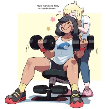 2girls absurdres aged_up black_hair blonde_hair braid couple dumbbell english_text exercising highres holding holding_dumbbell jewelry juno_son lillie_(pokemon) multiple_girls muscular muscular_female nintendo pokemon pokemon_sm ring selene_(pokemon) short_hair shorts wedding_ring weightlifting weights yuri