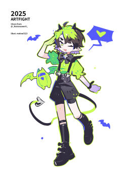 Rule 34 | 1boy, 2025, ;d, ahoge, arm up, black bow, black bowtie, black horns, black shoes, black shorts, black socks, bow, bowtie, brown hair, commentary, demon boy, demon tail, english commentary, full body, green eyes, green hair, green shirt, heart, highres, horns, kneehighs, legwear garter, looking at viewer, male focus, moroo, multicolored hair, one eye closed, open mouth, original, shirt, shoes, short hair, short sleeves, shorts, simple background, smile, socks, solo, spoken heart, standing, standing on one leg, suspender shorts, suspenders, tail, thick eyebrows, twitter username, two-tone hair, white background