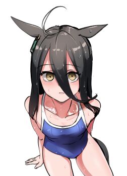 1girl absurdres ahoge alternate_costume animal_ears arm_support bare_arms bare_legs bare_shoulders black_hair blank_stare blue_one-piece_swimsuit blush breasts closed_mouth collarbone commentary_request competition_school_swimsuit cowboy_shot double-parted_bangs earrings empty_eyes from_above hair_between_eyes highres horse_ears horse_girl horse_tail invisible_chair jewelry kakuteru_sudachi long_hair looking_at_viewer manhattan_cafe_(umamusume) one-piece_swimsuit school_swimsuit simple_background single_earring sitting small_breasts solo straight_hair swimsuit tail thighs umamusume wet wet_clothes wet_hair wet_swimsuit white_background yellow_eyes