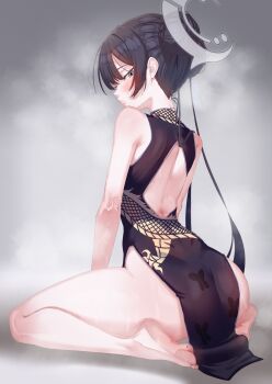 Rule 34 | 1girl, absurdres, back cutout, black dress, black hair, blue archive, breasts, cheeso art, china dress, chinese clothes, clothing cutout, commentary, double bun, dragon print, dress, english commentary, grey background, grey eyes, hair bun, halo, highres, kisaki (blue archive), long hair, looking at viewer, pelvic curtain, sitting, sleeveless, sleeveless dress, small breasts, soles, solo, sweat, twintails, wariza