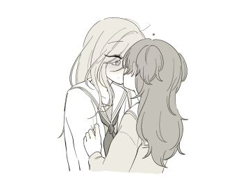 2girls commentary_request greyscale heart hinomori_shizuku kiss mole mole_under_mouth momoi_airi monochrome multiple_girls neckerchief noon_nerve project_sekai sailor_collar school_uniform serafuku two_side_up upper_body yuri