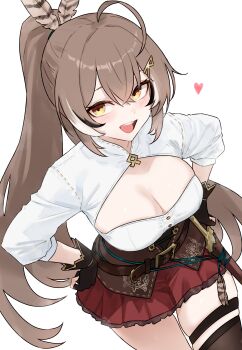1girl :d absurdres ahoge archery_shooting_glove belt black_gloves bluefield breasts brown_corset brown_eyes brown_hair cleavage cleavage_cutout clothing_cutout commentary corset crossed_bangs dagger double-parted_bangs feather_hair_ornament feathers gloves hair_between_eyes hair_ornament hairclip hand_on_own_hip heart high_collar highres hololive hololive_english knife long_hair looking_at_viewer medium_breasts miniskirt multicolored_hair nanashi_mumei nanashi_mumei_(1st_costume) open_mouth partially_fingerless_gloves pleated_skirt red_skirt sheath sheathed shirt simple_background single_thighhigh skindentation skirt smile solo split_ponytail streaked_hair teeth thigh_strap thighhighs three-quarter_sleeves underbust upper_teeth_only very_long_hair virtual_youtuber weapon white_background white_shirt