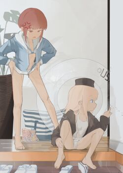 2girls absurdres anger_vein ant bag barefoot bikini black_hat black_jacket blonde_hair blue_eyes blue_jacket bug garrison_cap gomiba_koko hands_on_own_hips hashtag-only_commentary hat highres innertube insect jacket kantai_collection long_hair long_sleeves multiple_girls one-piece_swimsuit open_clothes open_jacket open_mouth plant potted_plant sailor_bikini sailor_collar sandals short_hair sitting standing swim_ring swimsuit u-511_(kancolle) white_bikini white_one-piece_swimsuit white_sandals z3_max_schultz_(kancolle)