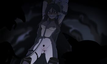 Rule 34 | 1girl, 2023, 2boys, absurdres, bdsm, blurry, blurry background, blush, bondage, boots, bound, bound arms, breasts, brown eyes, brown hair, cave, cloth gag, collar, cowboy shot, dark-skinned female, dark skin, earrings, elf, female focus, female pubic hair, gag, gagged, goblin, highres, imminent rape, improvised gag, jewelry, leash, long hair, long nose, long pointy ears, looking at another, medium breasts, multiple boys, navel, nipples, nude, number tag, original, pointy ears, pubic hair, pussy, scar, scar across eye, scar on face, shiny skin, shirami, silhouette, slave, stake, tag, tears, thigh boots, tied to stake, tongue, tongue out, uncensored