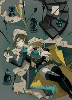 1girl absurdres apron black_boots black_hat black_jacket boots brown_hair burnt_paper cape chess_piece feet_out_of_frame flower from_above green_cape green_eyes grey_background hat highres holding holding_flower holding_unworn_clothes holding_unworn_hat jacket king_(chess) knight_(chess) lying on_back pants paper parted_lips pawn_(chess) planted planted_sword planted_weapon recoleta_(reverse:1999) reverse:1999 rook_(chess) shako_cap short_hair solo sorrel_(sorrel64300777) stairs sword thigh_boots unworn_hat unworn_headwear weapon white_apron white_pants yellow_flower