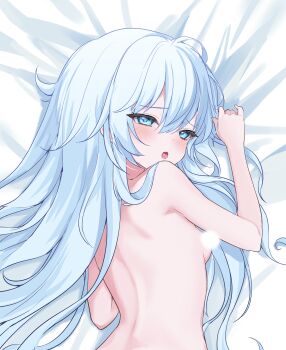 1girl ahoge back bed_sheet blue_eyes blush breasts censored censored_nipples commentary_request dakimakura_(medium) hair_between_eyes hands_up hibiki_(kancolle) highres kantai_collection long_hair long_sidelocks looking_at_viewer motohara_moka on_bed open_mouth petite saliva sidelocks small_breasts solo upper_body verniy_(kancolle) very_long_hair