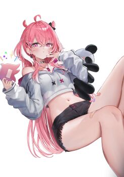 1girl :t absurdres ahoge bandaid_on_thigh bare_shoulders black_shorts breasts choker commentary_request crop_top cutoffs dog_tags drawstring earrings feet_out_of_frame frown hair_ears hair_ornament hairclip hand_up highres holding jewelry knee_up long_hair long_sleeves looking_at_viewer midriff miruto_netsuki multicolored_hair navel nijisanji off-shoulder_shirt off_shoulder pink_eyes pink_hair pout sasaki_saku shirt short_shorts shorts simple_background sitting small_breasts solo stomach streaked_hair tearing_up thighs very_long_hair virtual_youtuber white_background white_choker white_shirt