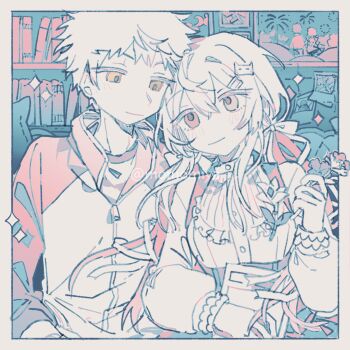 Rule 34 | 1girl, bow, breasts, closed mouth, couple, dress, emiya shirou, eye contact, fate/stay night, fate (series), gaoyue jixiang, groom, hair bow, highres, light smile, looking at another, momomiya shizuku (gaoyue jixiang), oc x canon, original, pastels, raglan sleeves, ribbon, white bow, yumejoshi