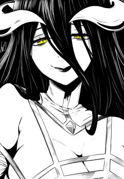 Rule 34 | 1girl, absurdres, albedo (overlord), armpit crease, breasts, cleavage, commentary, curled horns, demon girl, demon horns, greyscale, hair between eyes, highres, horns, large breasts, lughost, monochrome, overlord (maruyama), portrait, signature, solo, spot color, yellow eyes