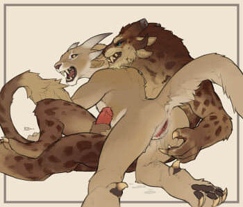 1boy 1girl 2014 animal_hands animal_penis ass black_lips black_sclera blue_eyes brown_fur charr_(guild_wars) claws colored_sclera digitigrade dripping erection fangs foreplay furry furry_female furry_male glans guild_wars_(series) half-erect lips looking_at_another looking_back lying_on_another nude open_mouth penis pussy sheath snowskau tail teeth tongue vaginal