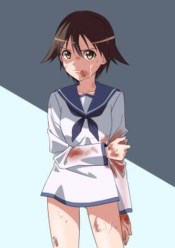 1girl angry blood blood_on_clothes blood_on_face blue_sailor_collar brown_eyes brown_hair collarbone feet_out_of_frame highres looking_at_viewer miyafuji_yoshika naguramu no_pants sailor_collar school_uniform short_hair solo standing strike_witches sweat world_witches_series