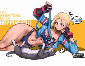 +++ 1girl 2025 abs artist_name bare_legs blonde_hair blue_eyes blue_jacket breasts cammy_white capcom cat character_doll cleavage cropped_jacket dated doll english_text facial_scar fingerless_gloves gloves han_juri hershuar jacket looking_at_another lying muscular muscular_female on_side panties scar scar_on_cheek scar_on_face smile speech_bubble sports_bra street_fighter street_fighter_6 thighs tuxedo_cat twitter_username underwear