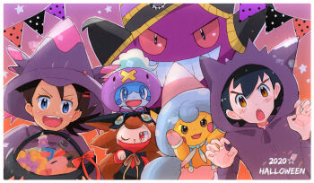2boys ash_ketchum banette black_hair blue_eyes blush bow brown_eyes brown_hair candy claw_pose clothed_pokemon commentary_request cosplay dated drifloon drifloon_(cosplay) eyelashes fang food gen_1_pokemon gen_3_pokemon gen_4_pokemon gen_8_pokemon gengar gengar_(cosplay) goh_(pokemon) halloween halloween_bucket hattrem hattrem_(cosplay) hood hood_up ichi_(pikapikapocket) long_sleeves looking_at_viewer male_focus mega_banette mega_banette_(cosplay) mega_pokemon mismagius mismagius_(cosplay) multiple_boys nintendo open_mouth orange_bow pikachu pokemon pokemon_(anime) pokemon_journeys raboot smile sobble star_(symbol) teeth tongue