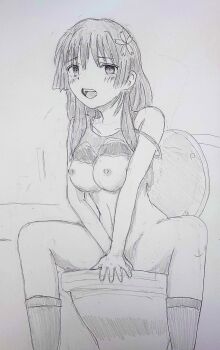 1girl arm_support bra bra_lift breasts clothes_lift covering_crotch covering_privates highres large_breasts legs long_hair looking_at_viewer navel nipples open_mouth saten_ruiko sitting solo spread_legs tank_top teeth thighs toaru_kagaku_no_railgun toaru_majutsu_no_index toilet tongue traditional_media underwear