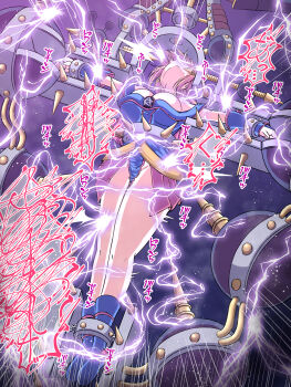 1girl absurdres baketsumuri blonde_hair blue_boots blue_eyes boots breasts byser_shock cleavage commentary_request crucifixion dark_magician_girl duel_monster electrocution green_eyes head_back highres large_breasts long_hair no_headwear pelvic_curtain restrained ryona spikes translated vambraces yu-gi-oh!