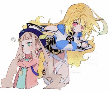 Rule 34 | 2girls, :<, ?, absurdres, ahoge, beret, blonde hair, blue hat, blue shirt, blunt bangs, blush, breasts, brown hair, commentary request, cropped legs, cropped torso, crossed arms, elle mel marta, gradient hair, green eyes, hands on own hips, hat, highres, jacket, jewelry, large breasts, leaning forward, long hair, milla maxwell, multicolored hair, multiple girls, nancykittyu, necklace, pink jacket, red eyes, shirt, simple background, skin tight, squiggle, tales of (series), tales of xillia, tales of xillia 2, twintails, white background