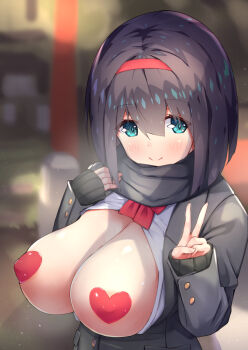 1girl aianchor aqua_eyes black_hair black_scarf blouse breasts cleavage covered_erect_nipples exhibitionism female_focus flashing heart_pasties jacket large_breasts open_clothes open_jacket open_shirt oppai_challenge original pasties presenting_breasts public_indecency scarf school_uniform shirt smile solo v
