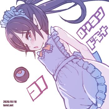 1girl ;o apron arms_behind_back backbeako_(torotei) backbeard black_hair blush bow bow_apron breasts commentary dated dated_commentary dutch_angle gegege_no_kitarou hair_over_one_eye impossible_apron kono_lolicon_domome long_hair looking_at_viewer maid maid_headdress naked_apron one_eye_closed open_mouth orange_bow original paid_reward_available pear-shaped_figure pointy_ears red_eyes simple_background small_breasts solo standing torotei translated twintails watermark web_address white_apron white_background