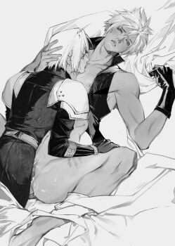 2boys age_difference alina99liang arm_armor arm_up armor bed_sheet between_legs blush cloud_strife coat commentary cum cum_in_pussy cuntboy cuntboy_with_male final_fantasy final_fantasy_vii final_fantasy_vii_advent_children final_fantasy_vii_ever_crisis gloves greyscale half-closed_eyes hand_on_another&#039;s_head hand_on_another&#039;s_thigh height_difference highres licking_another&#039;s_chest lying male_focus monochrome multiple_boys nipples no_armor no_gloves no_pants on_back open_clothes open_vest pauldrons pussy sephiroth sephiroth_(ever_crisis) sex sheet_grab short_hair shoulder_armor spiked_hair spread_legs time_paradox toned toned_male upper_body vaginal vest