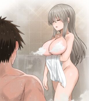 1boy 1girl breasts brown_hair closed_eyes colorized convenient_censoring gaston18 grey_hair highres long_hair mature_female nude open_mouth sakurai_shin'ichi short_hair take_(shokumu-taiman) towel uzaki-chan_wa_asobitai! uzaki_tsuki