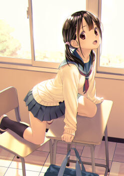 1girl :d bag black_hair black_sailor_collar black_skirt black_socks breasts cardigan chair classroom commentary_request day desk indoors koutaro long_hair long_sleeves looking_at_viewer low_twintails neckerchief on_chair on_desk open_mouth original pleated_skirt red_eyes red_neckerchief sailor_collar school school_bag school_chair school_desk school_uniform serafuku shoes sitting skirt sleeves_past_wrists small_breasts smile socks solo sunlight twintails white_cardigan white_shoes window
