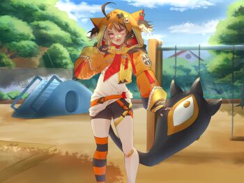 1girl ahoge asymmetrical_legwear bandaid bandaid_on_leg brown_hair cloud cloudy_sky commission gigi_murin highres hololive hololive_english hood hoodie looking_at_viewer open_mouth outdoors pants pink_eyes playground shadow short_hair shorts sky smile solo standing swing tail thighhighs thighs tree virtual_youtuber