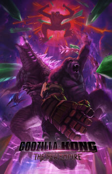 Rule 34 | aircraft, ape, artist name, b.e.a.s.t. glove, bald, bio-mimic heav, blue eyes, bone, bone weapon, bone whip, cave, claws, crossover, crystal, debris, dinosaur, dirt, dust, elbow blade, elbow spikes, electroshock weapon, epic, exhaust, falling, fangs, flying, gauntlets, giant, giant monster, gills, glowing, glowing eyes, glowing gills, glowing mouth, glowing spikes, godzilla, godzilla (monsterverse), godzilla (series), godzilla evolved, godzilla x kong: the new empire, gorilla, highres, hollow earth aerial vehicle, kaiju, king kong, king kong (series), larry quach, lava, legendary pictures, military, monster, monsterverse, motion blur, muscular, muscular male, no humans, no pupils, open mouth, orangutan, pectorals, pink eyes, pyramid (structure), ribs, roaring, rock, sharp teeth, signature, skar king, skull, sparks, spiked tail, spikes, spine, tail, teeth, thagomizer, toho, tongue, underground, warner bros., weapon, whip, whip sword, whipslash