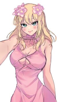 Rule 34 | 1girl, aqua eyes, artist name, bare shoulders, blonde hair, blue eyes, blush, breasts, choker, cleavage, cleavage cutout, clothing cutout, dr. stone, dress, flower, green eyes, hair between eyes, hair down, hair flower, hair ornament, hand up, highres, holding, kohaku (dr. stone), large breasts, light blush, light smile, lips, lipstick, long hair, looking at viewer, makeup, pink choker, pink dress, pink lips, ribbon choker, sakurartch, selfie, simple background, smile, solo, thick lips, white background