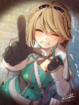 Rule 34 | 1girl, angry, bag, black gloves, blonde hair, braid, breasts, cleavage, clenched teeth, closed eyes, commentary request, crown braid, dated, earrings, eiyuu densetsu, elaine auclair, gloves, highres, jewelry, kuro no kiseki, kuro no kiseki (series), kuro no kiseki ii, large breasts, long hair, parted bangs, parted lips, shopping bag, signature, solo, swept bangs, tearing up, teeth, tinybiard, twitter username, upper body