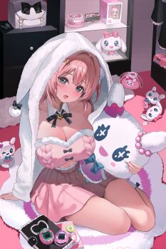 Rule 34 | 1girl, absurdres, animal ears, bag, bandeau, bare shoulders, blue eyes, blush, bow, bowtie, breasts, brooch, cable knit, cleavage, commentary, detached collar, fake animal ears, floppy ears, fur trim, hair ornament, hairclip, heart, heart brooch, highres, hood, hooded jacket, jacket, jewelry, large breasts, long hair, looking at viewer, midriff, navel, one side up, open mouth, original, pink bandeau, pink hair, pink skirt, pink theme, pleated skirt, pom pom (clothes), pom pom hair ornament, shaffelli, sitting, skindentation, skirt, solo, strapless, stuffed animal, stuffed rabbit, stuffed toy, thighs, tube top, white jacket, yokozuwari