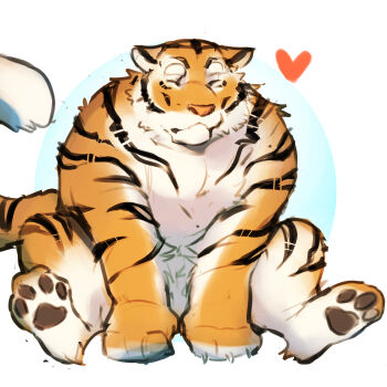 1boy absurdres animal_ears bara closed_eyes facing_viewer fluffy full_body furry furry_male heart highres male_focus muscular muscular_male o_reowoof orange_fur original pawpads plump sitting smile solo tail thick_eyebrows tiger_boy tiger_ears tiger_stripes tiger_tail whiskers white_fur