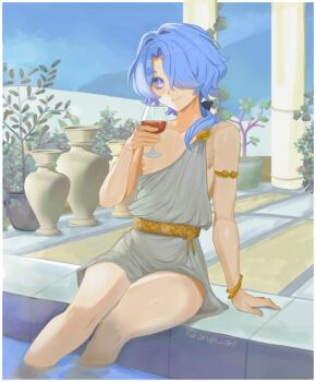 arupi_art bare_legs blue_hair cup drinking_glass highres male_focus misha_(honkai:_star_rail) one_eye_covered poolside