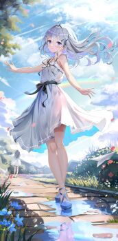 2girls absurdres ahoge aizawa_(aizawatsu) black_ribbon blue_eyes blue_shoes blush bug bush butterfly closed_mouth cloud cloudy_sky commentary cross-laced_sandals day dress full_body grass grey_hair hair_intakes hair_ornament hairclip highres insect long_hair looking_at_viewer mountainous_horizon multiple_girls neck_ribbon original outdoors outstretched_arms paper_airplane path puddle rainbow ribbon road shoes simple_bird sky sleeveless sleeveless_dress smile solo_focus standing star_(symbol) star_hair_ornament sundress sunlight waist_ribbon white_dress