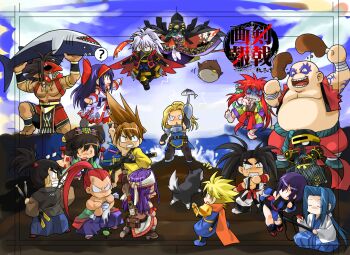 5girls 6+boys ? ainu_clothes alternate_hairstyle anger_vein annoyed armor barefoot black_hair blonde_hair blue_eyes blue_hair boots braid brown_hair charlotte_christine_de_colde chibi clenched_teeth constricted_pupils dark-skinned_female dark_skin darli_dagger dog earthquake earthquake_(samurai_spirits) eyepatch feet fidh fingerless_gloves fish flying food galford_d_weller gloves haoumaru hattori_hanzo highres kibagami_genjuro kneeling kurama_yashamaru legs long_hair long_skirt long_sleeves looking_at_viewer mask meat multiple_boys multiple_girls muscular muscular_male nakoruru ninja open_mouth pants pointing pointy_hair ponytail poppy purple_hair red_hair samurai_spirits serious shiki_(samurai_spirits) sitting skirt snk surprised sweatdrop sword tachibana_ukyou tam_tam teasing teeth thighs tokugawa_yoshitora traditional_media turn_pale weapon white_hair wide-eyed wu-ruixiang yagyuu_juubei_(samurai_spirits)