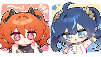 Rule 34 | 2girls, absurdres, aged down, ahoge, arm up, augusta (wuthering waves), black bow, black shirt, blue eyes, blue hair, border, bow, bracelet, chibi, chibi only, chinese commentary, closed mouth, commentary request, hair between eyes, hair bow, hands up, highres, iuno (wuthering waves), jewelry, kyou 039, laurel crown, long hair, looking at viewer, multicolored hair, multiple girls, multiple hair bows, necklace, notice lines, open mouth, orange background, orange hair, red eyes, shirt, smile, streaked hair, tacet mark (wuthering waves), twintails, twitter username, upper body, white border, white shirt, wuthering waves, yellow background